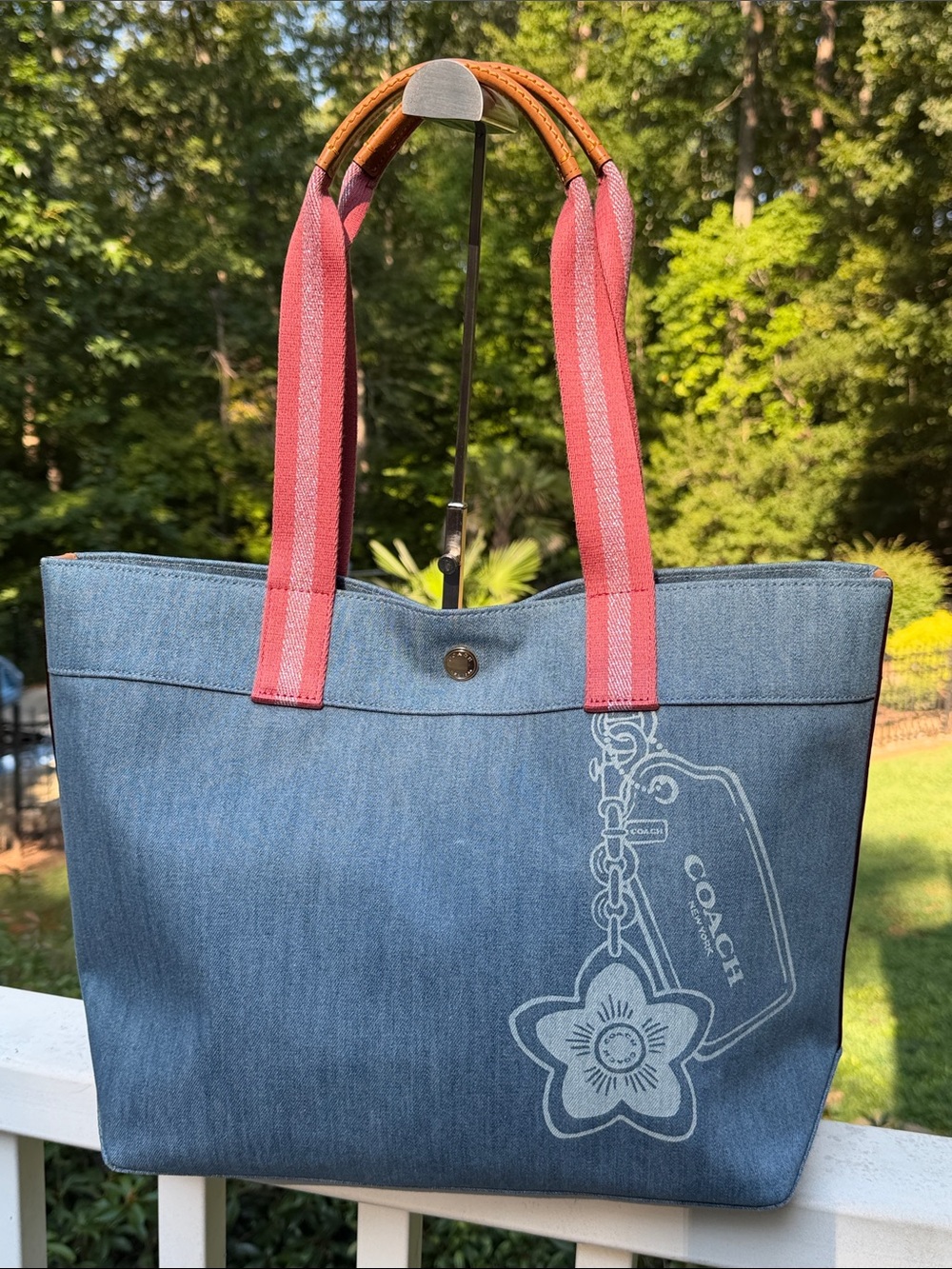 Coach Blue Denim Tote with Pink Straps EUC